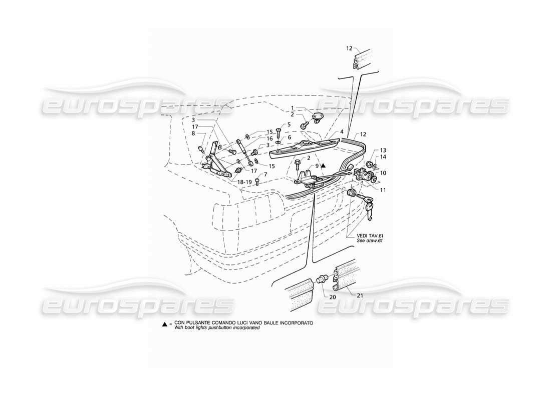 maserati qtp v8 (1998) boot lid: hinges, boot lid release parts diagram