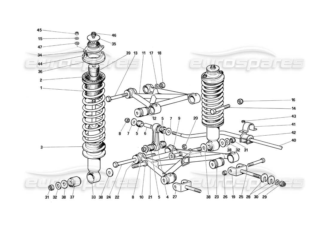 ferrari testarossa (1990) rear suspension - wishbones and shock absorbers (until car no. 75995) parts diagram
