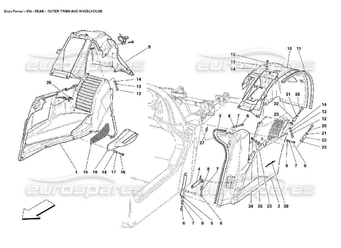 ferrari enzo rear - outer trims and wheelhouse part diagram
