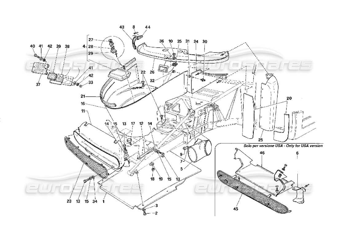 ferrari f40 external elements body - front part parts diagram