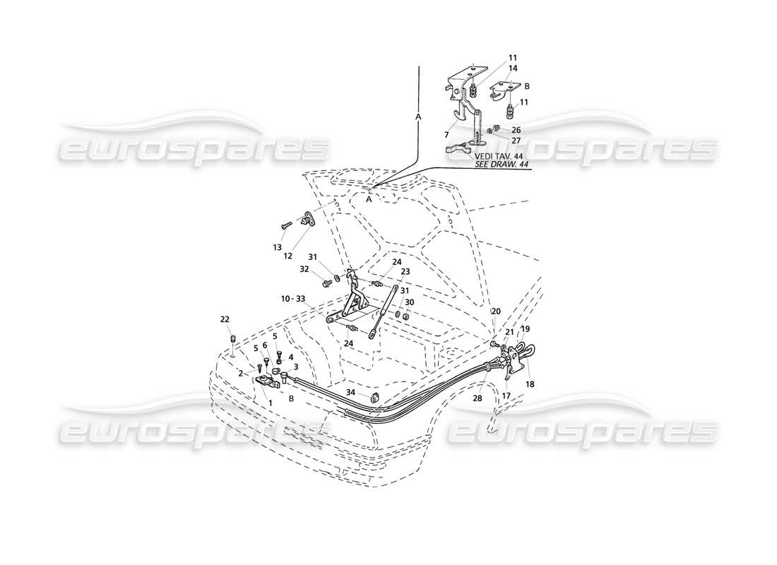 maserati qtp v6 evoluzione bonnet: hinges and bonnet release parts diagram