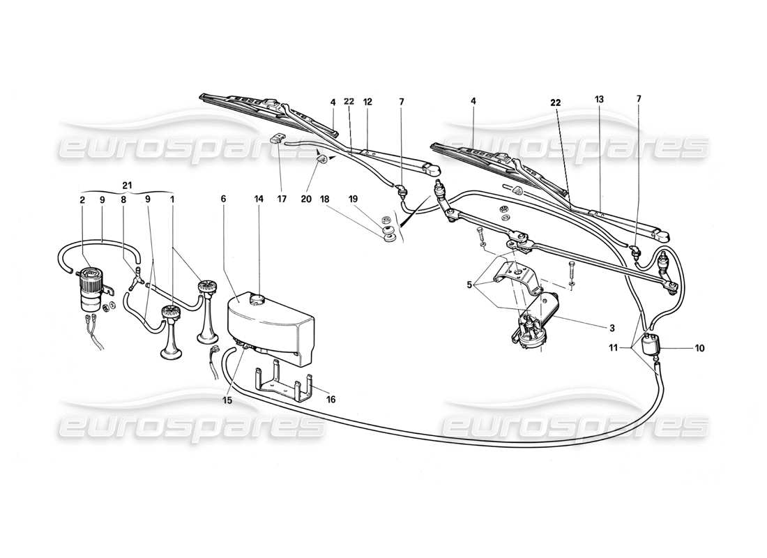 ferrari testarossa (1990) windshield wiper, washer and horns parts diagram