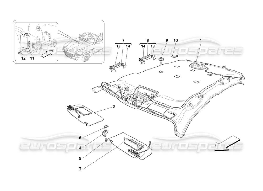 maserati qtp. (2006) 4.2 roof and sun visors parts diagram