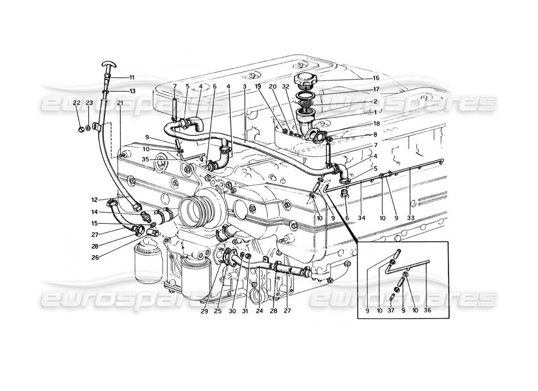 ferrari 365 gt4 berlinetta boxer lubrication - blow-by and dipstick parts diagram