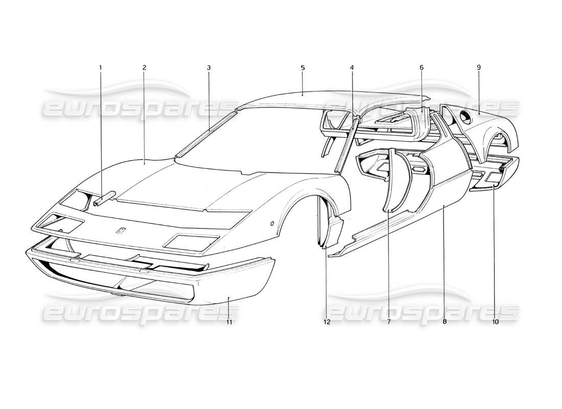 ferrari 365 gt4 berlinetta boxer body shell - outer elements part diagram