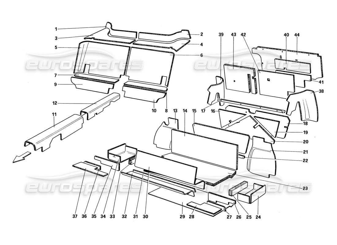ferrari 328 (1988) luggage and passenger compartment insulation (until car no. 66965 - not for us - aus - ch87 - sa - j) part diagram