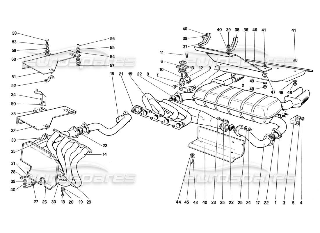 ferrari 328 (1988) exhaust system (not for us - sa - ch87 and ch88 version) parts diagram
