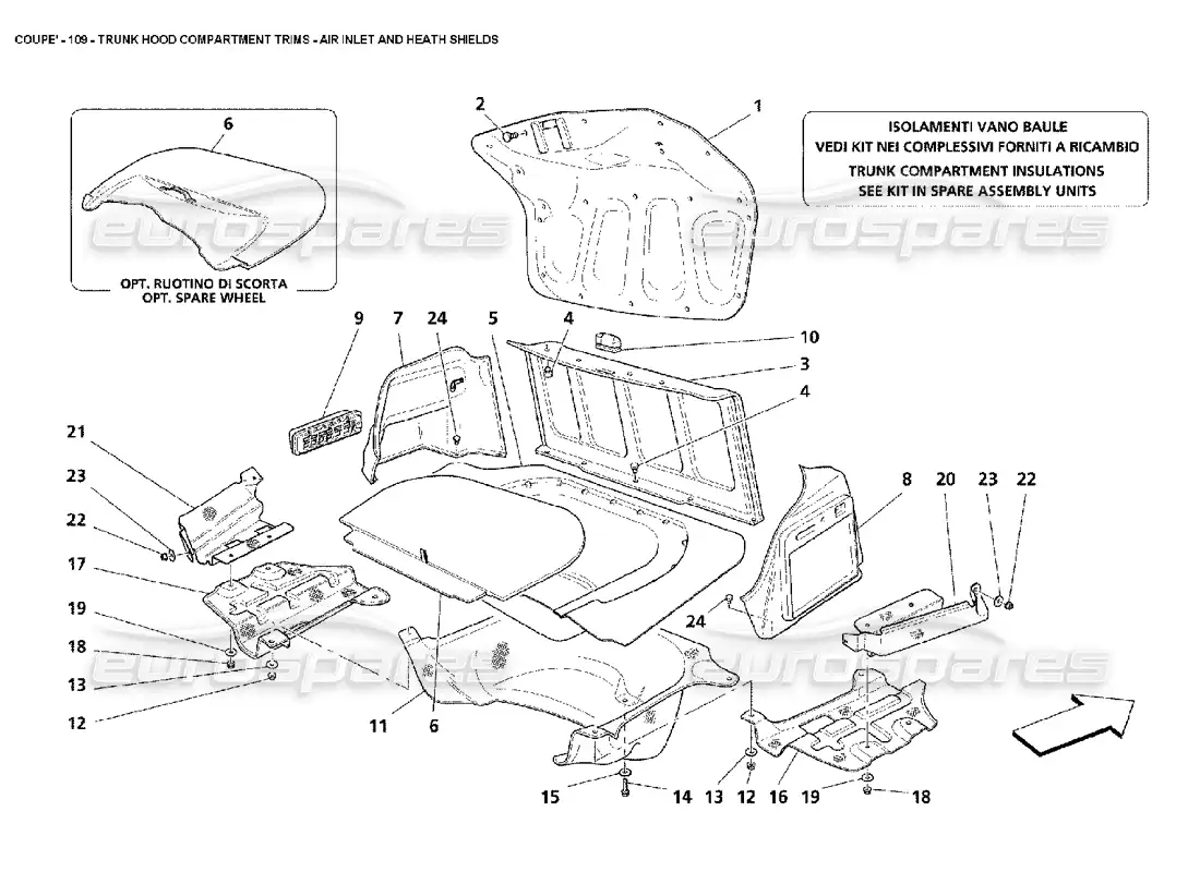 maserati 4200 coupe (2002) trunk hood compartment trims - air inlet and heath shields parts diagram