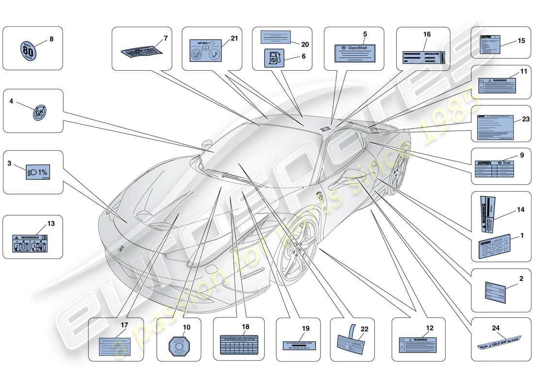 ferrari 458 speciale (rhd) adhesive labels and plaques parts diagram