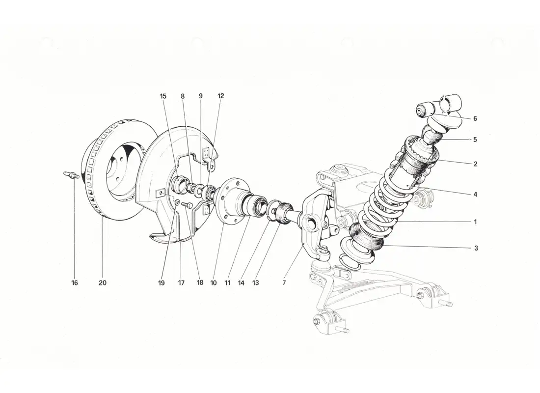 ferrari 208 gtb gts front suspension - shock absorber and brake disc parts diagram