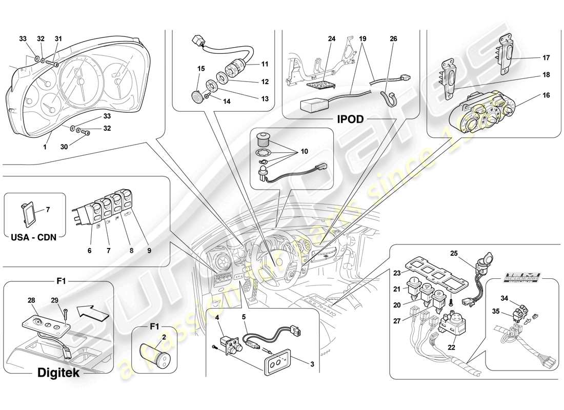 ferrari f430 scuderia spider 16m (rhd) dashboard and tunnel instruments parts diagram