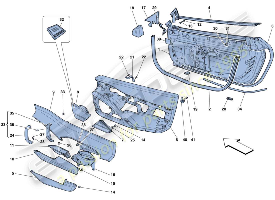 ferrari 458 spider (rhd) doors - substructure and trim parts diagram