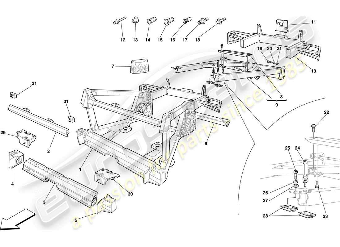 ferrari f430 coupe (rhd) chassis - structure, rear elements and panels part diagram