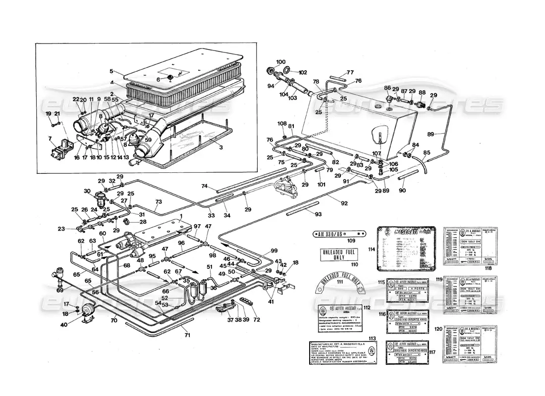 maserati qtp.v8 4.9 (s3) 1979 fuel supply system (us version) parts diagram