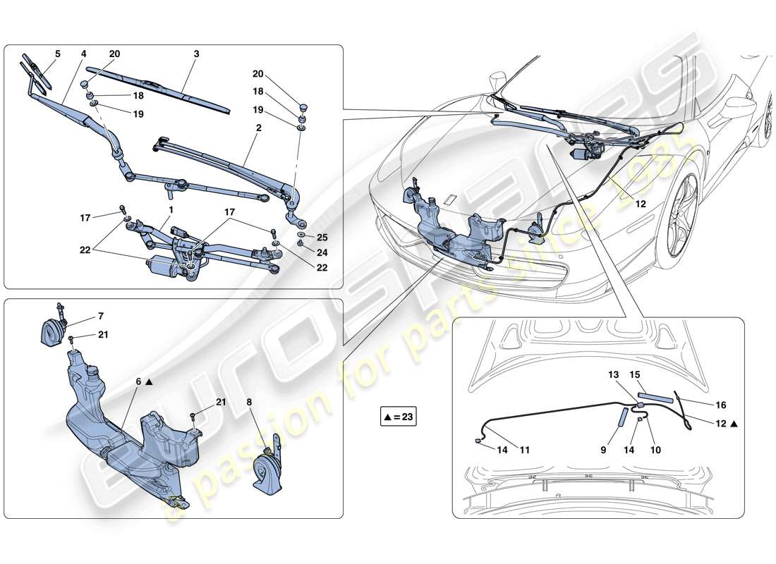 ferrari 458 spider (usa) windscreen wiper, windscreen washer and horns part diagram