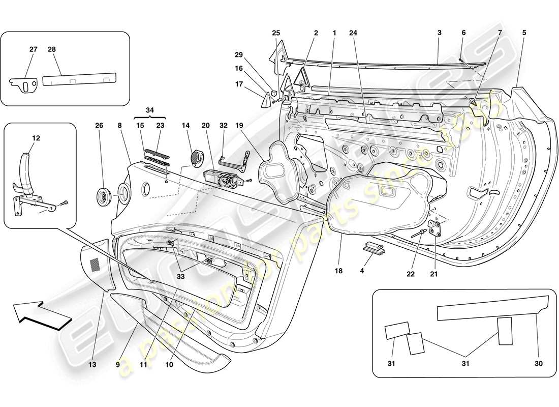 ferrari california (usa) front doors: trim parts diagram