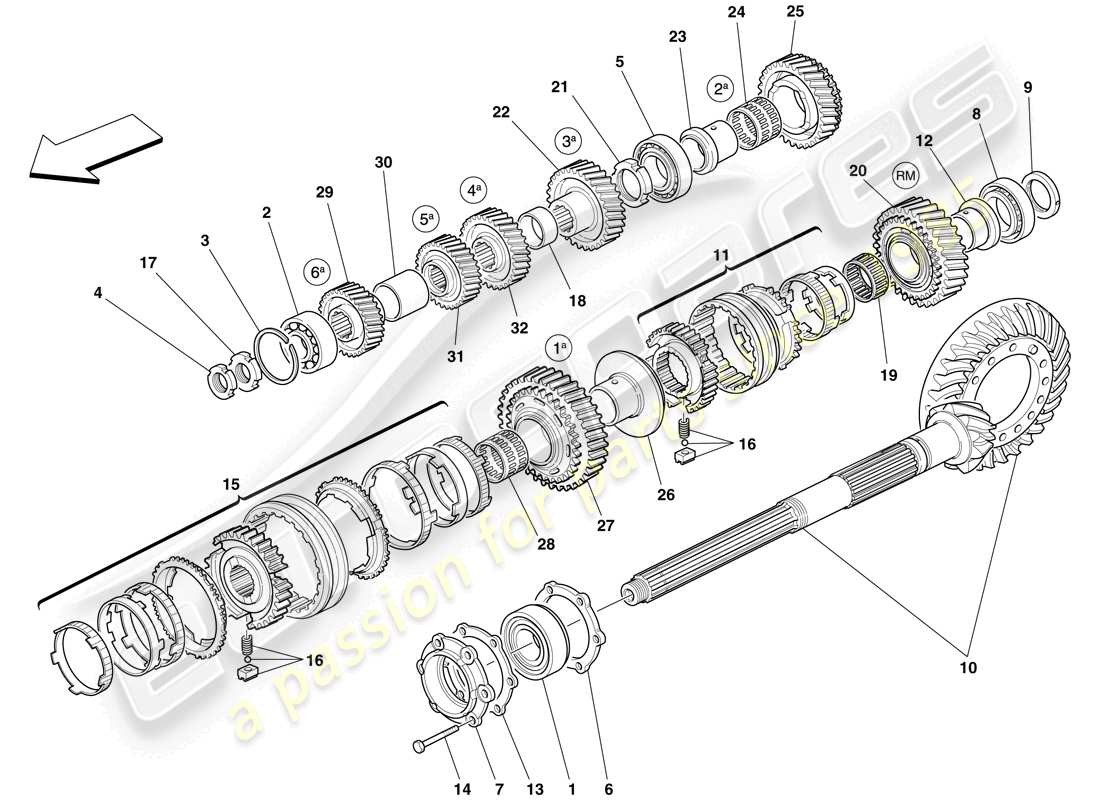 ferrari 612 scaglietti (rhd) secondary gearbox shaft gears parts diagram
