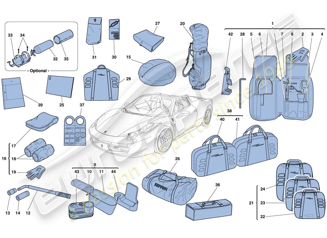 ferrari 458 spider (rhd) tools and accessories provided with vehicle part diagram