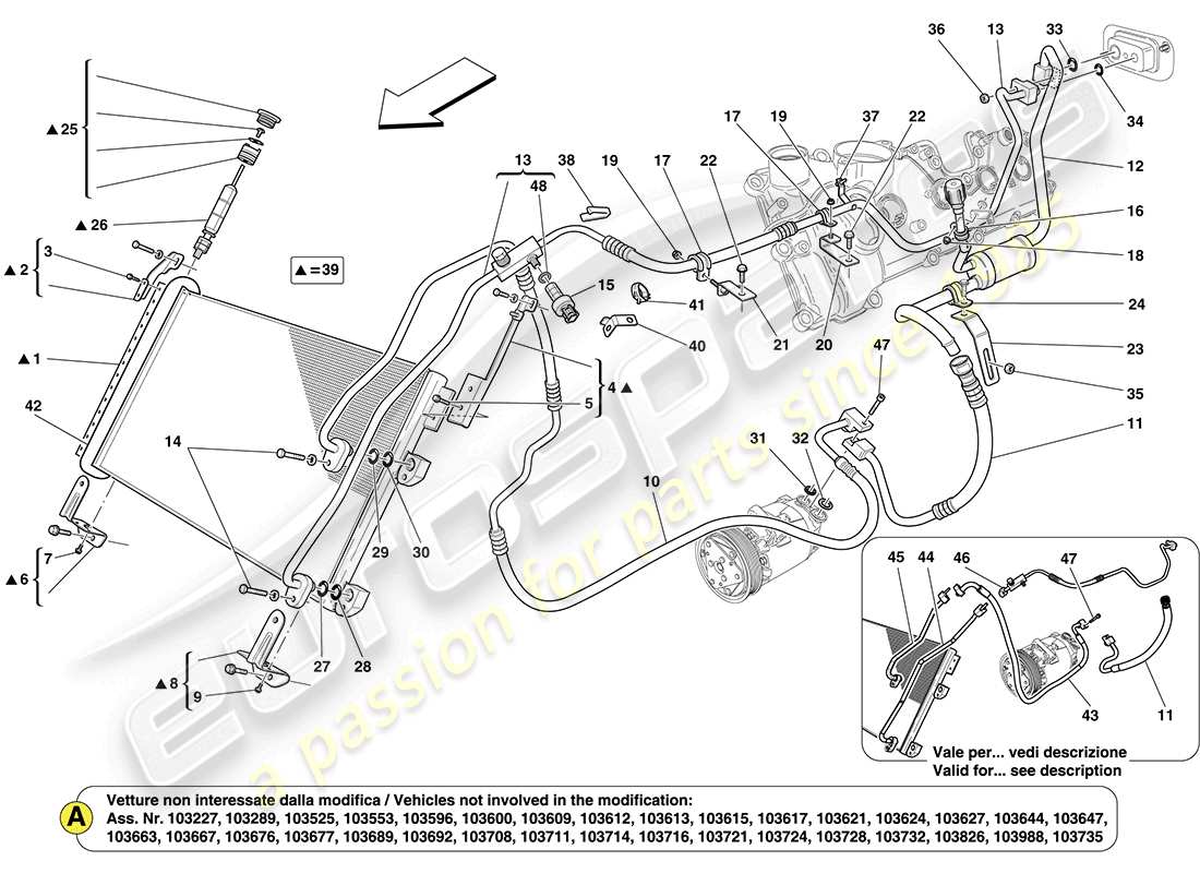 ferrari california (rhd) ac unit: components in engine compartment part diagram