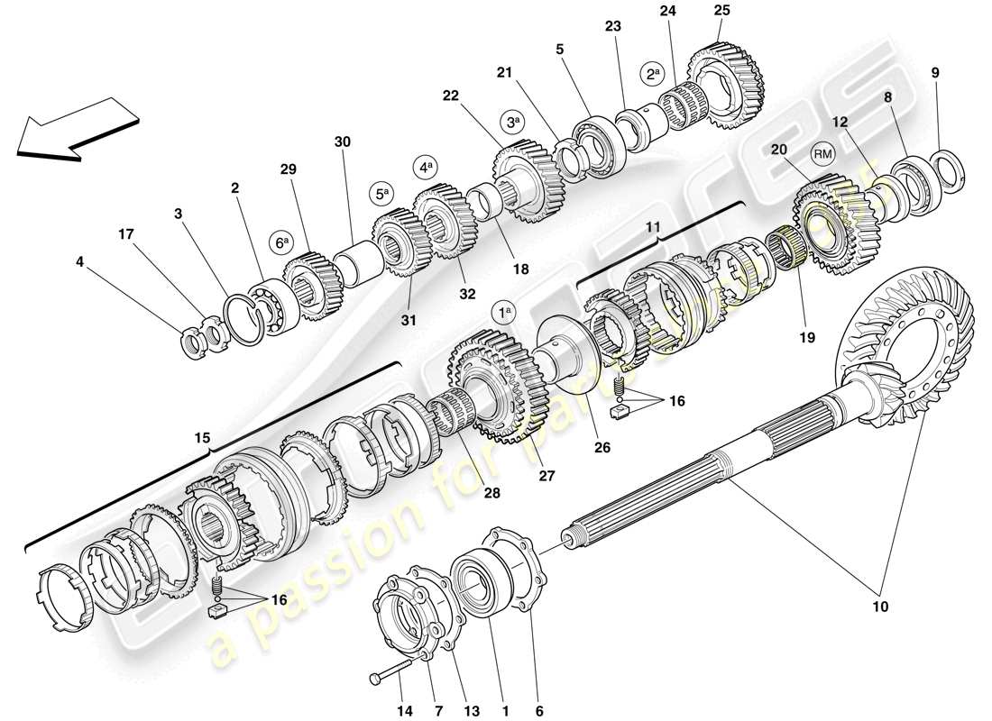 ferrari 599 gtb fiorano (europe) secondary gearbox shaft gears part diagram