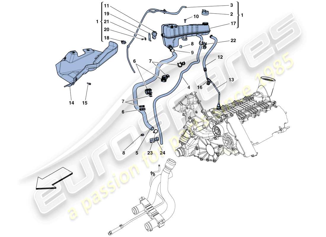 ferrari 458 italia (rhd) cooling - header tank and pipes part diagram