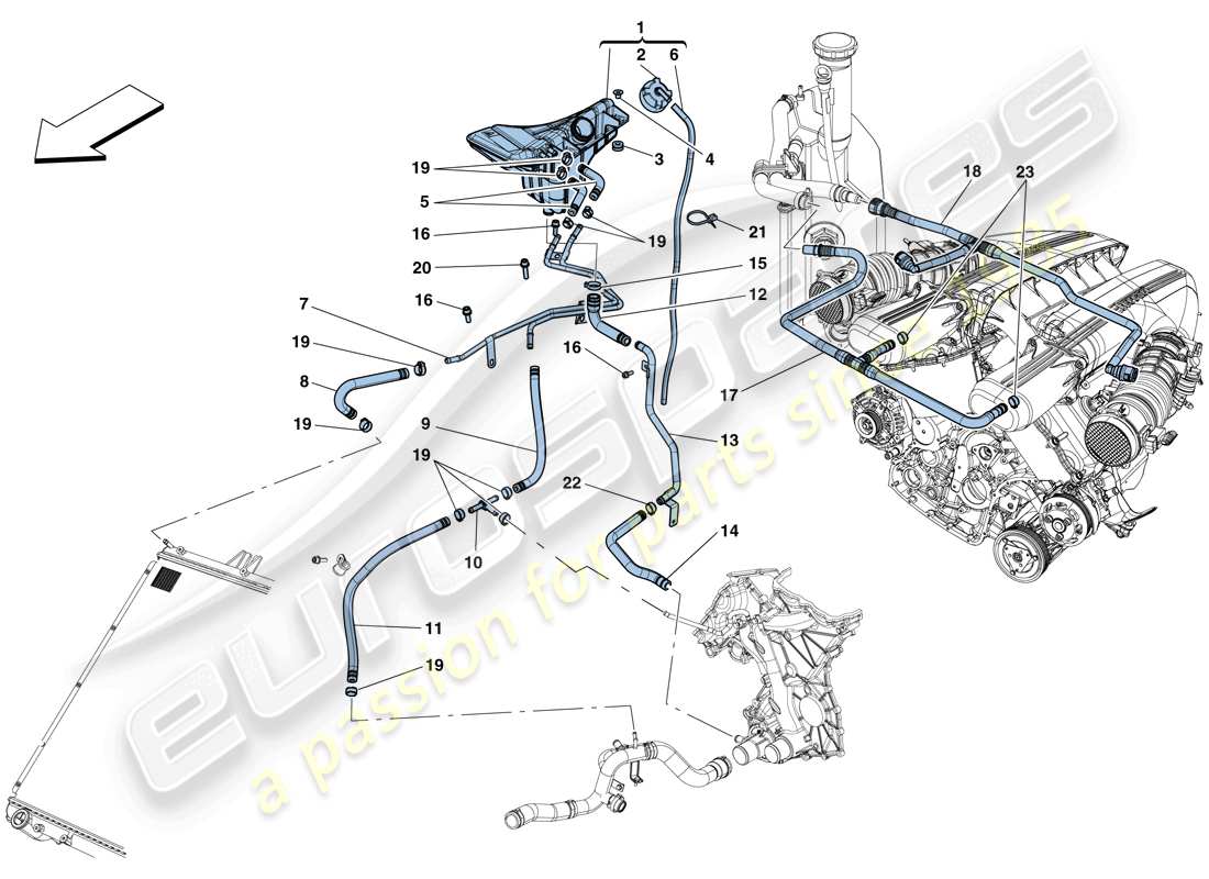 ferrari f12 berlinetta (rhd) cooling - header tank and pipes parts diagram