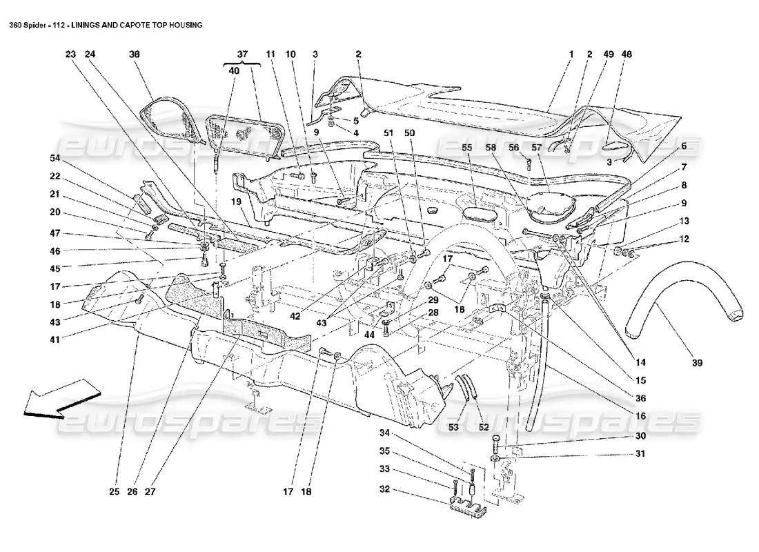 ferrari 360 spider linings and capote top housing parts diagram