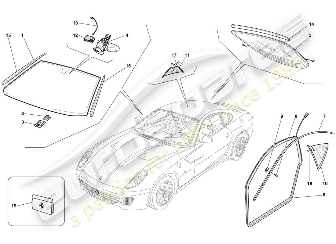ferrari 599 gtb fiorano (europe) screens, windows and seals parts diagram