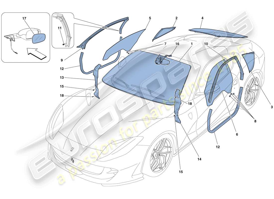 ferrari 812 superfast (usa) screens, windows and seals part diagram