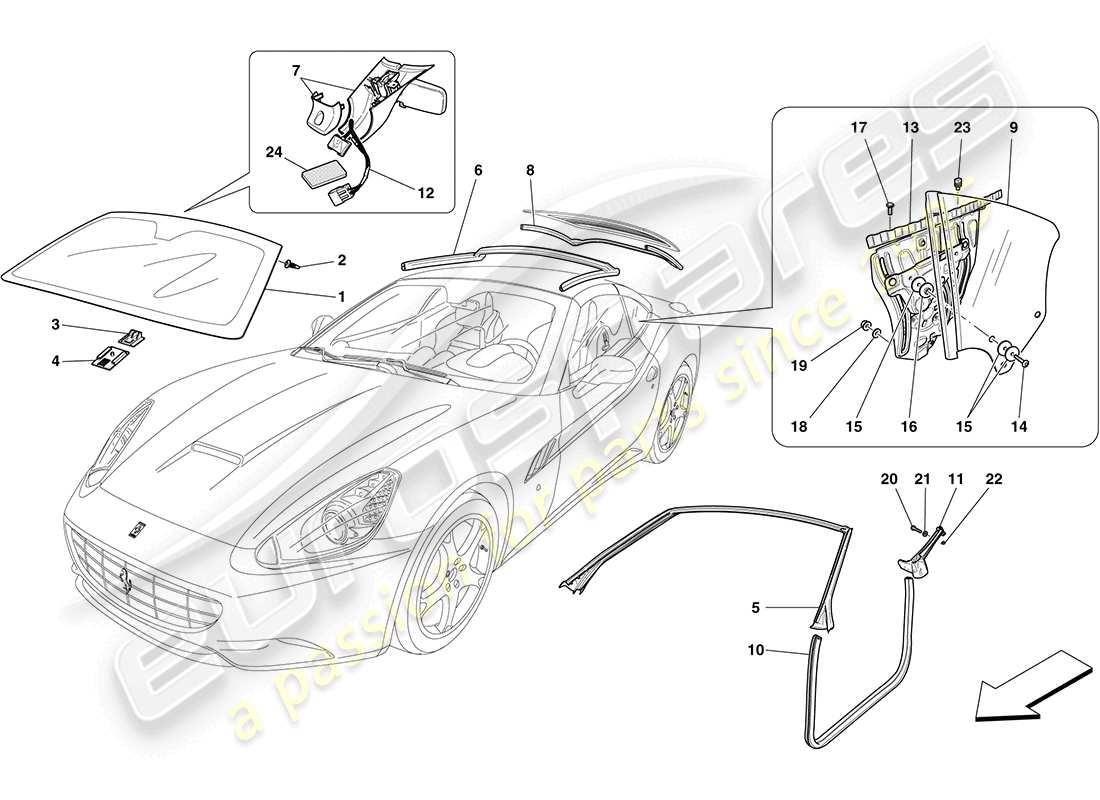 ferrari california (europe) screens, windows and seals parts diagram