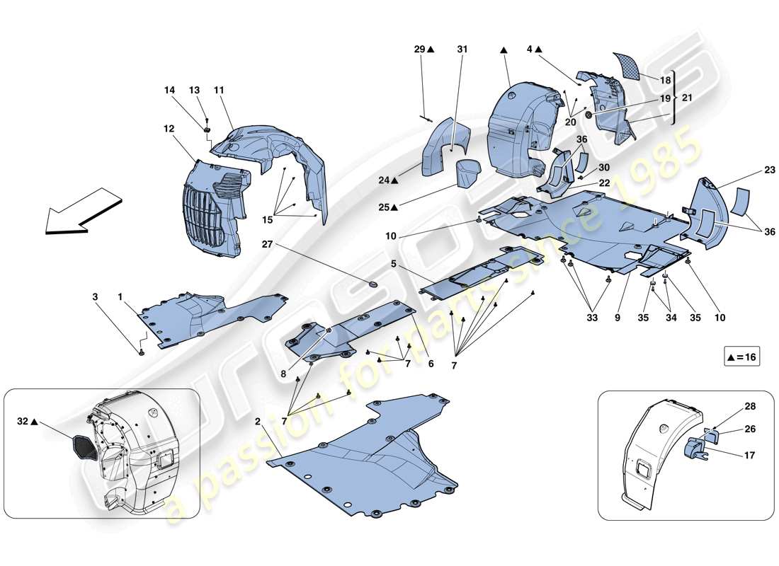 ferrari 458 spider (europe) flat undertray and wheelhouses part diagram