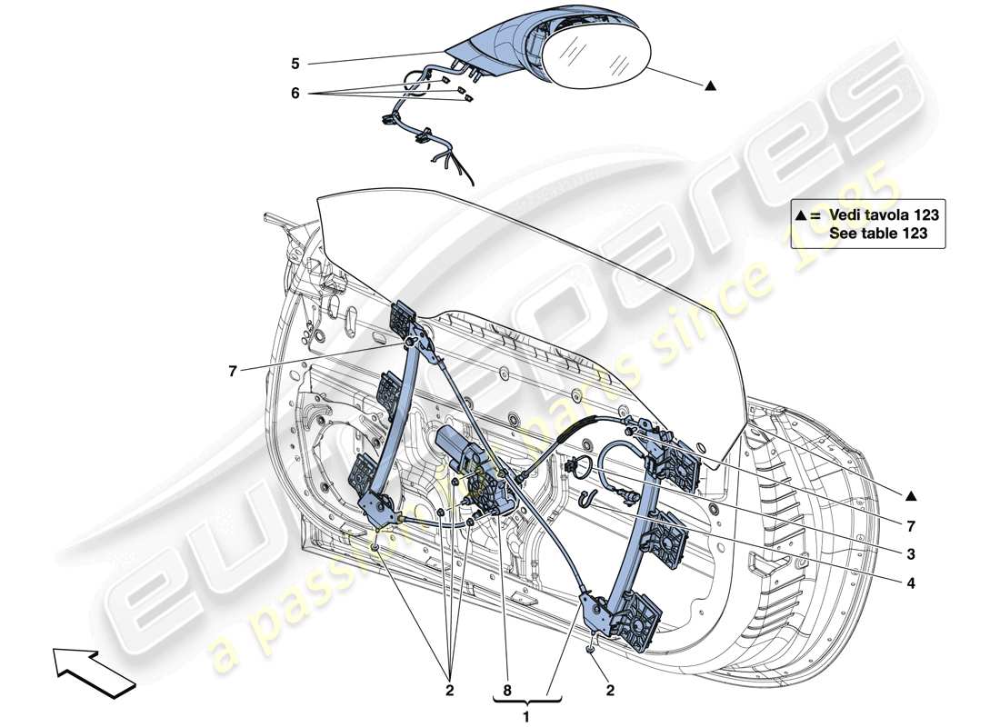 ferrari california t (europe) doors - power window and rear view mirror parts diagram