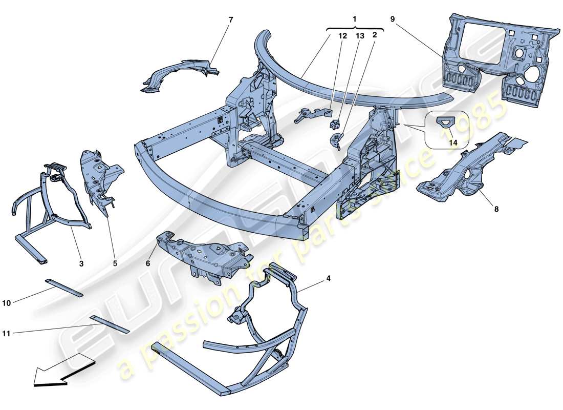 ferrari 458 spider (europe) chassis - complete front structure and panels part diagram