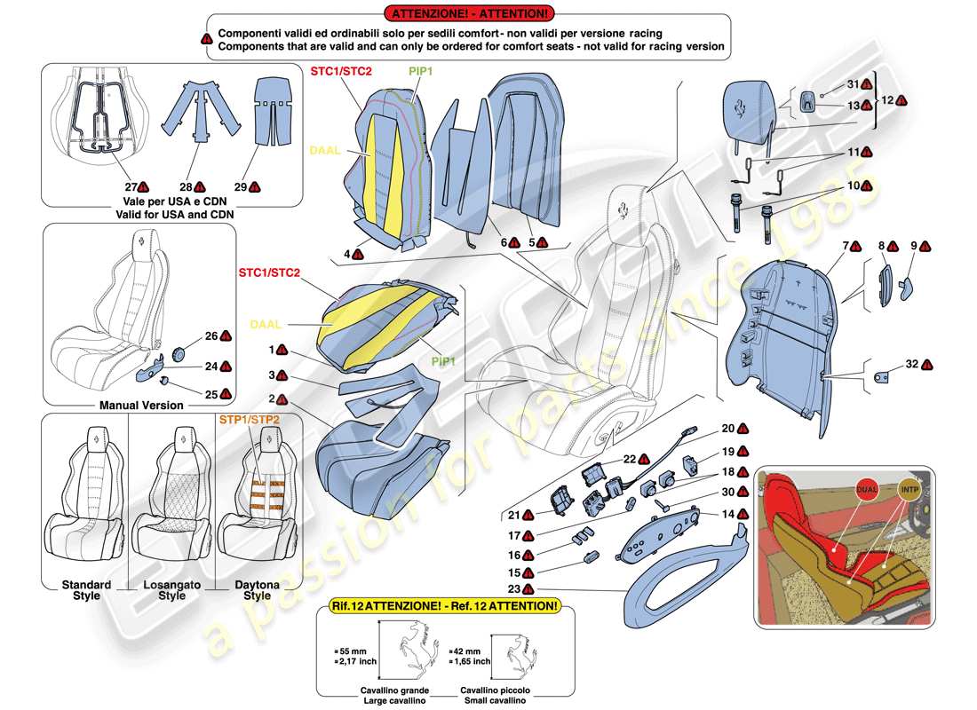 ferrari 458 italia (usa) seats - upholstery and accessories part diagram