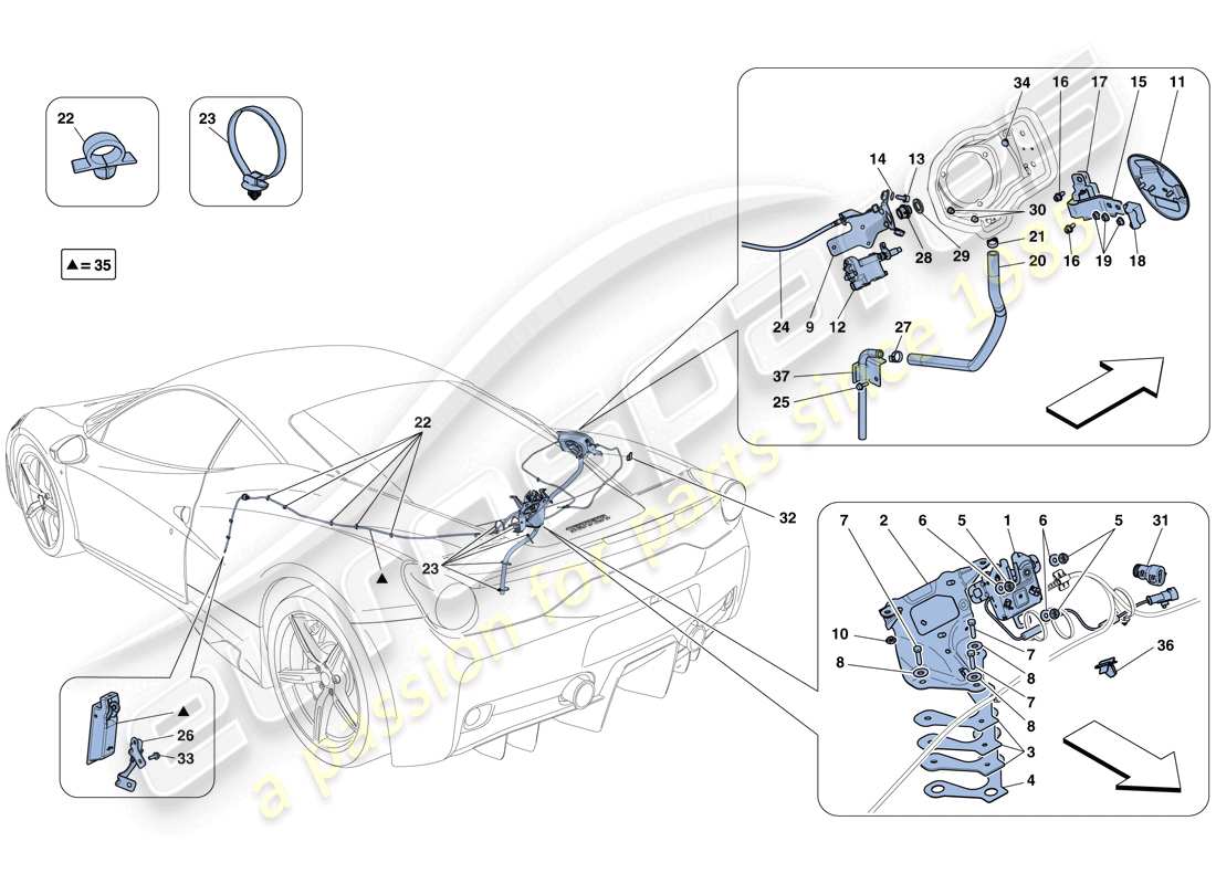 ferrari 458 speciale (usa) engine compartment lid and fuel filler flap opening mechanisms part diagram