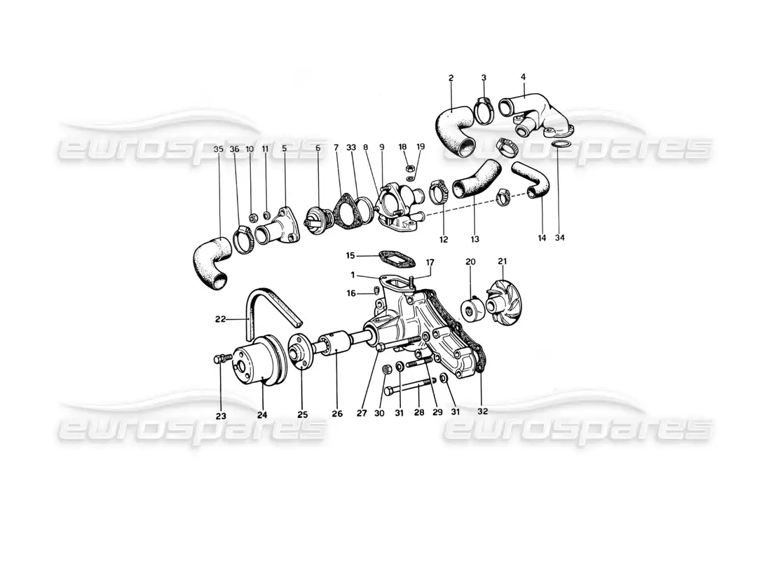 ferrari 246 dino (1975) water pump and pipes parts diagram