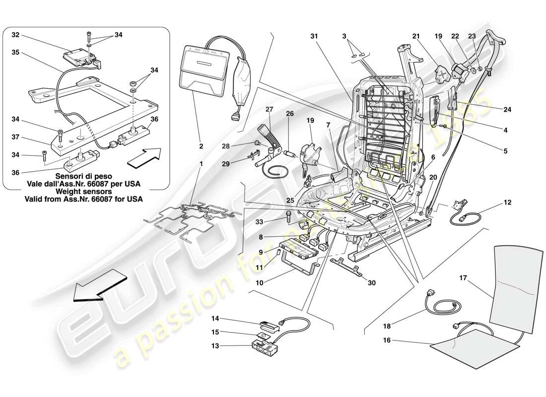 ferrari 612 sessanta (europe) electric front seat - seat belts and devices part diagram