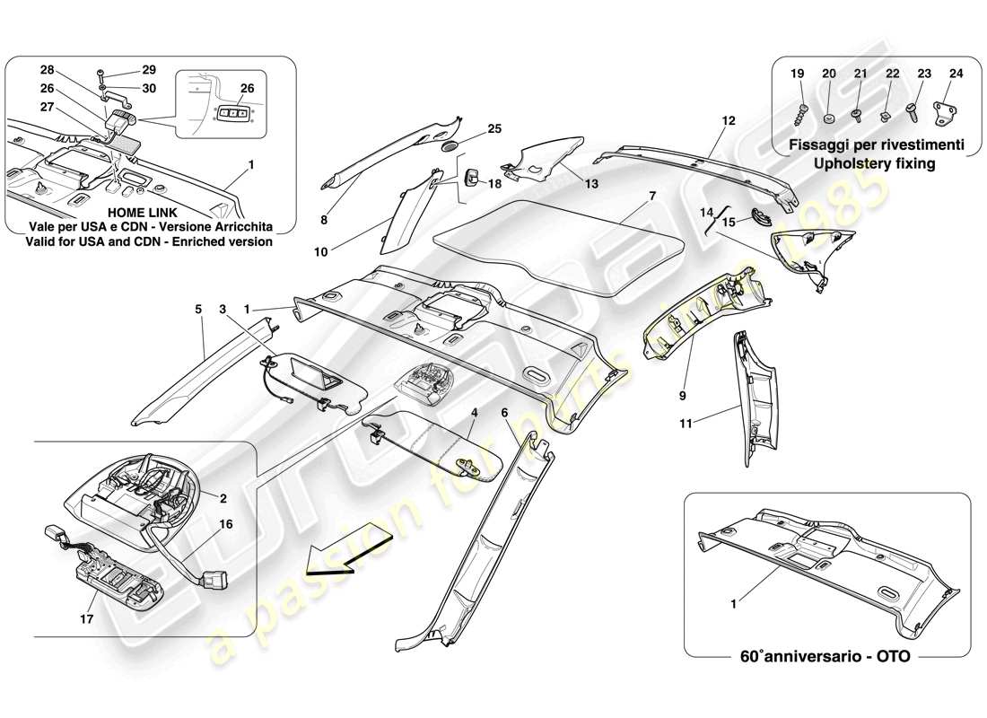 ferrari 612 sessanta (europe) headliner trim and accessories parts diagram