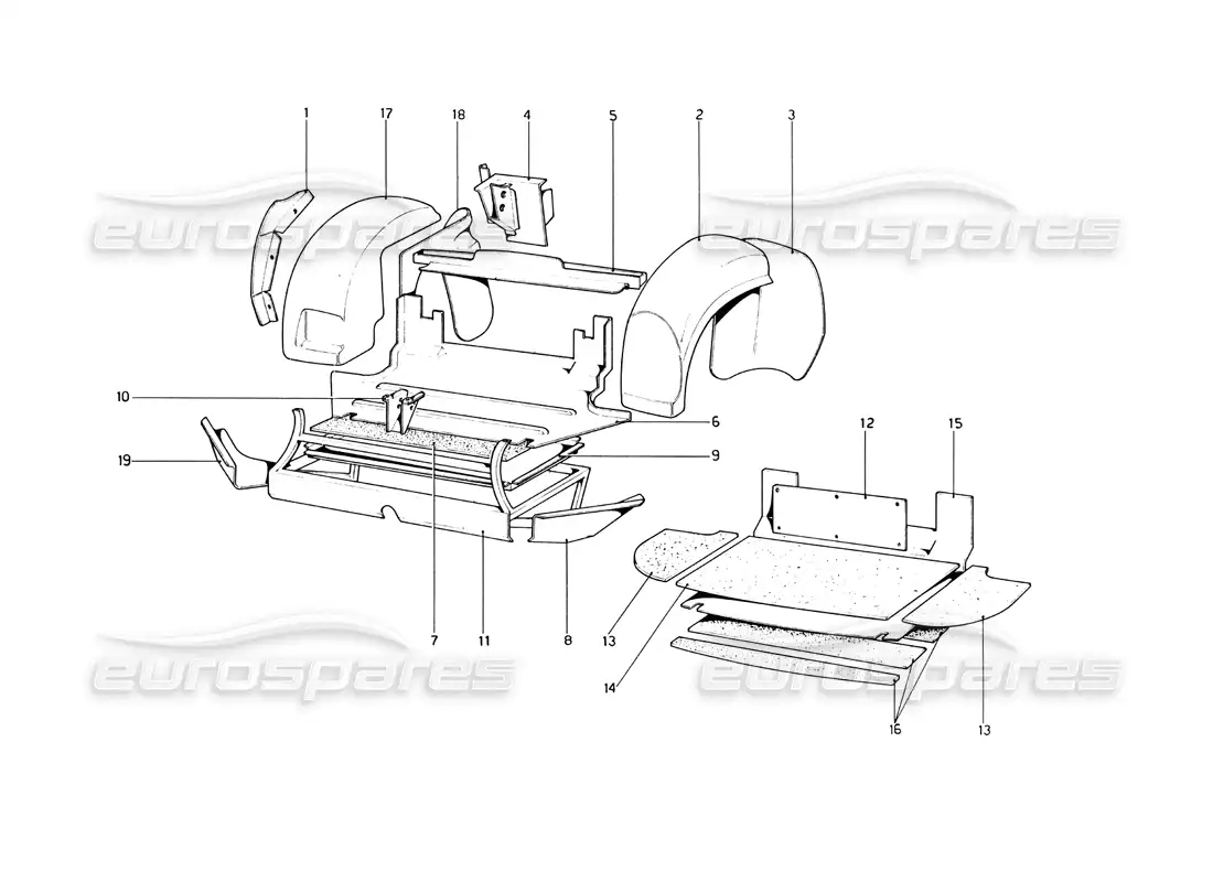 ferrari 246 dino (1975) body shell - inner elements parts diagram