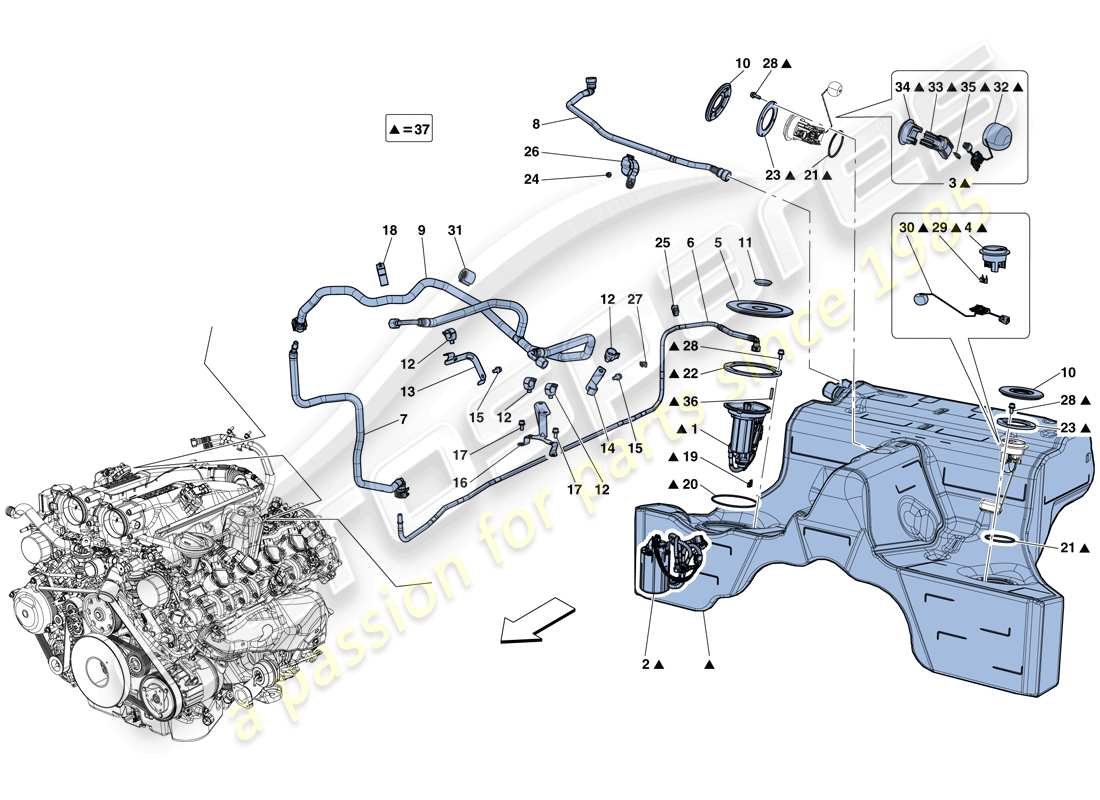 ferrari california t (rhd) fuel pump and connector pipes parts diagram