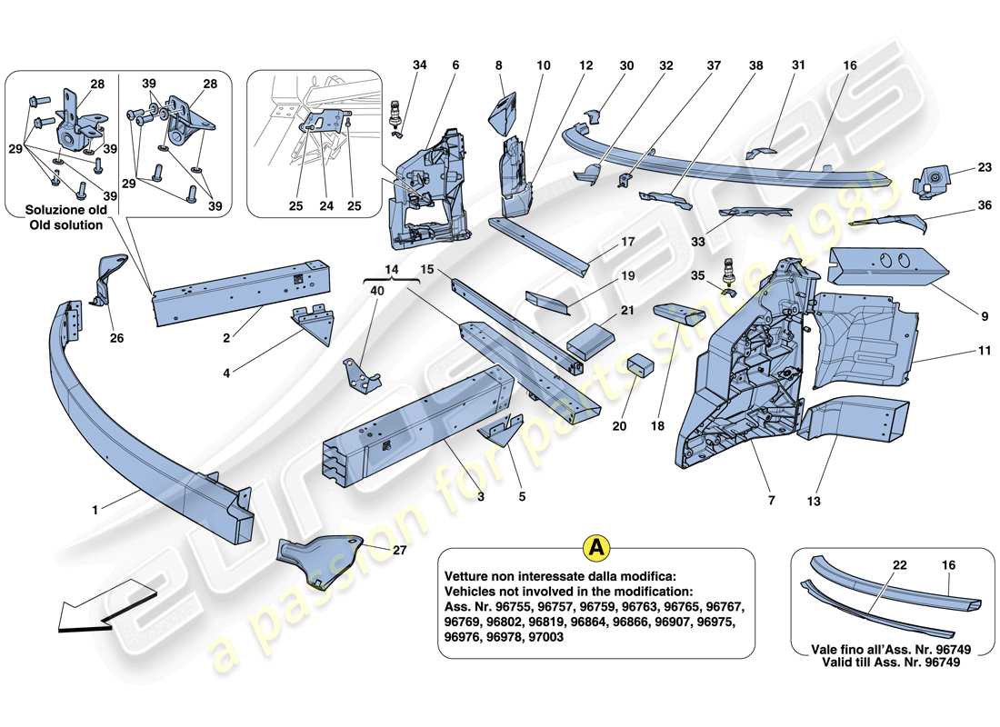 ferrari 458 italia (rhd) chassis - structure, front elements and panels part diagram