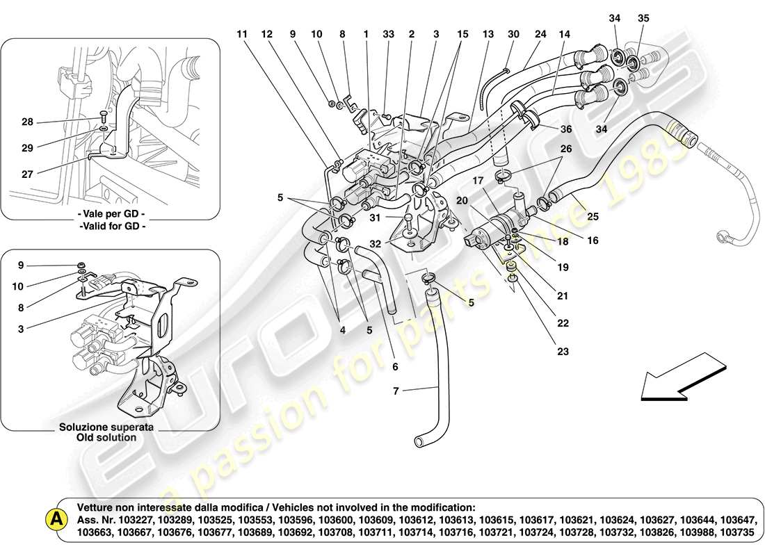 ferrari california (europe) ac unit: components in engine compartment parts diagram