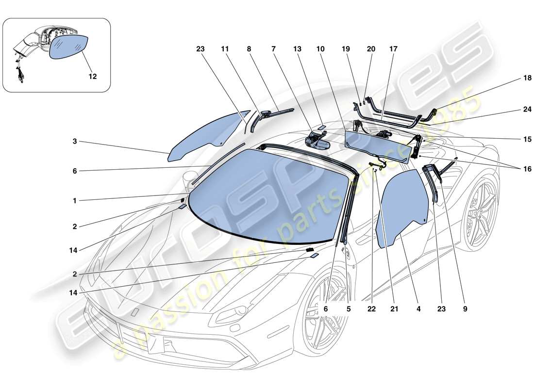 ferrari 488 spider (usa) screens, windows and seals part diagram