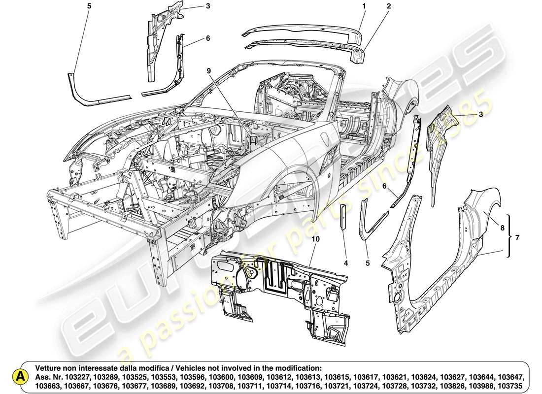 ferrari california (europe) centre bodyshell and external trim parts diagram