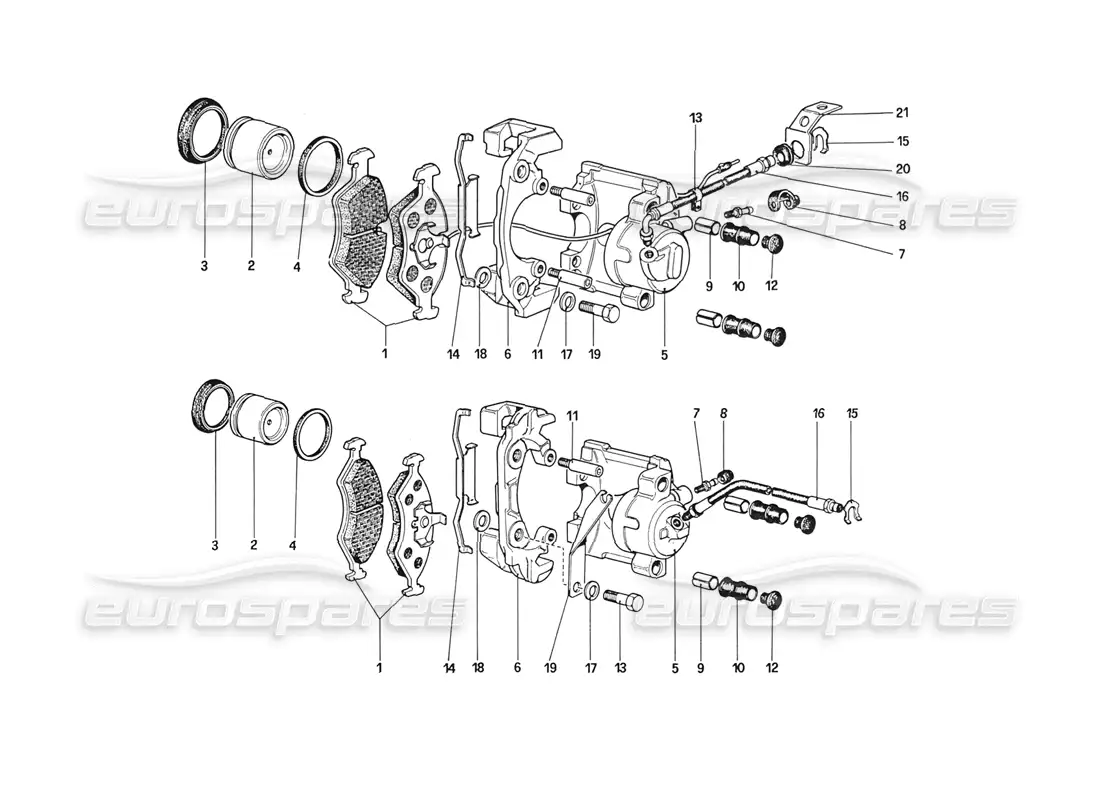 ferrari 208 turbo (1989) calipers for front and rear brakes parts diagram