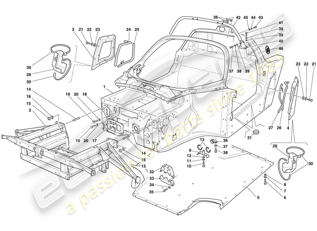 maserati mc12 body frame - front frame - central flat floor pan parts diagram