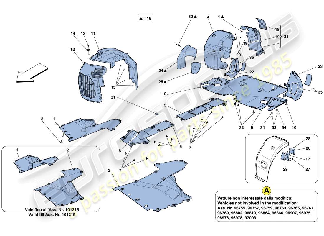 ferrari 458 italia (rhd) flat undertray and wheelhouses part diagram