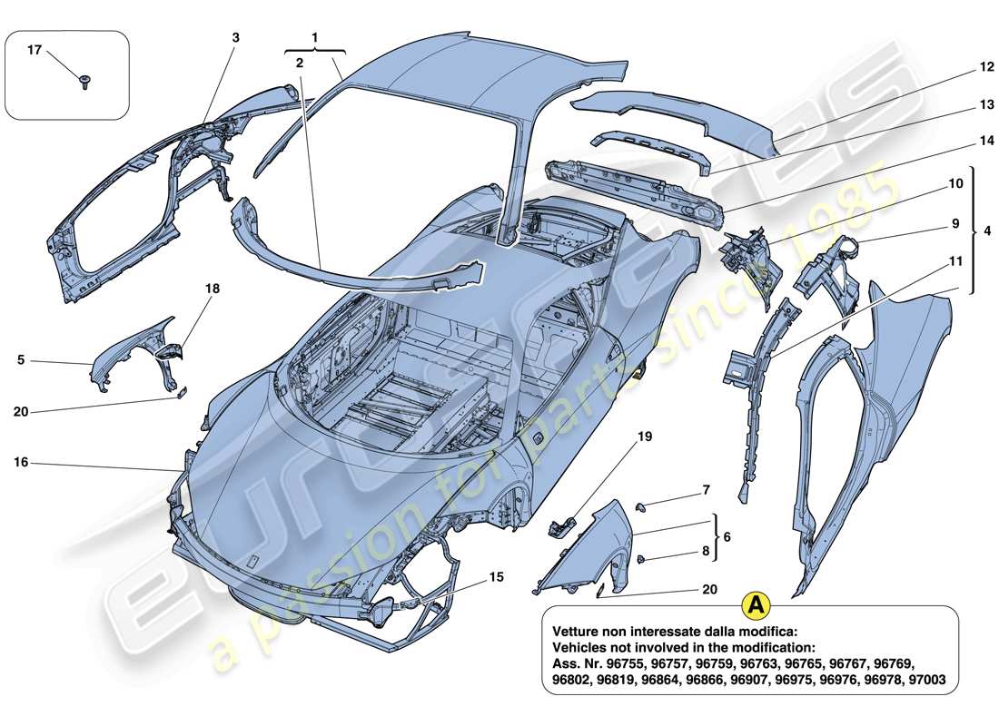 ferrari 458 italia (usa) bodyshell - external trim part diagram