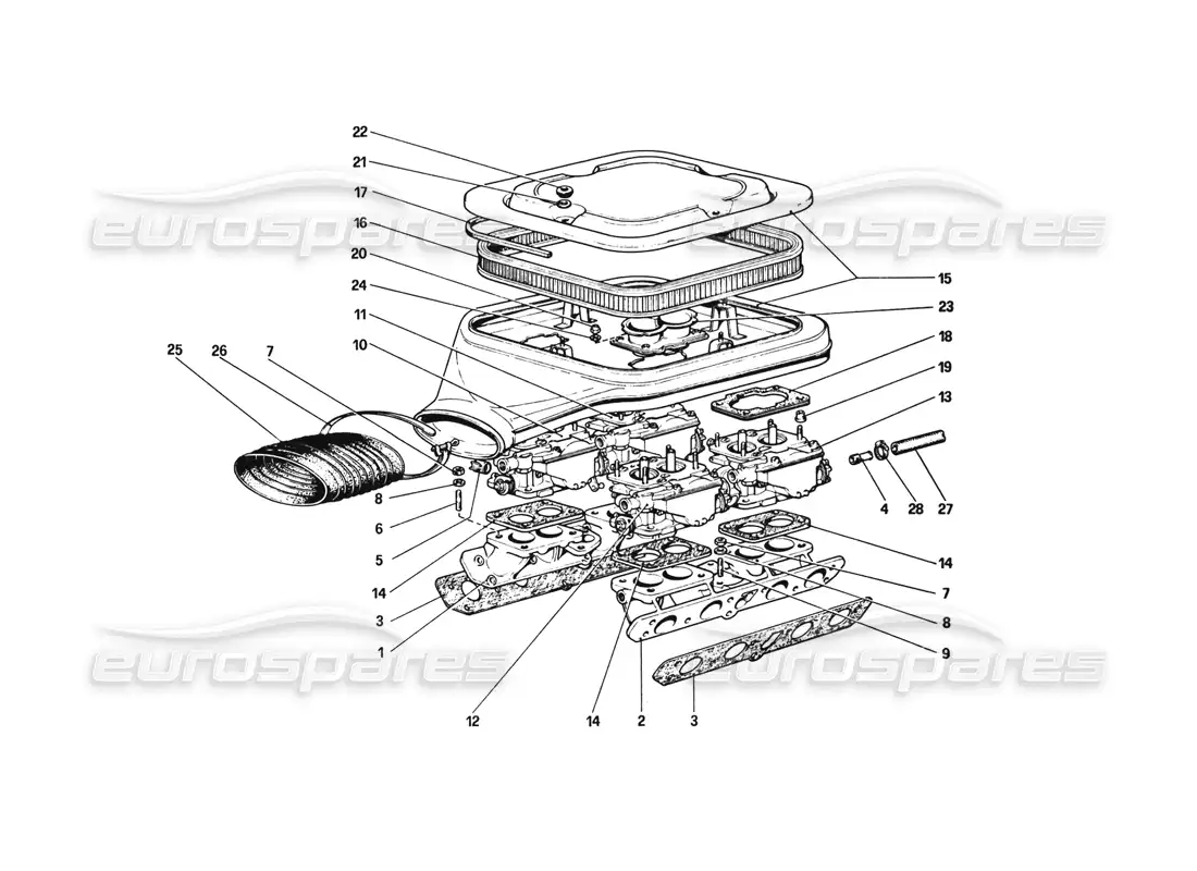 ferrari 308 gtb (1980) carburettors and air cleaner parts diagram