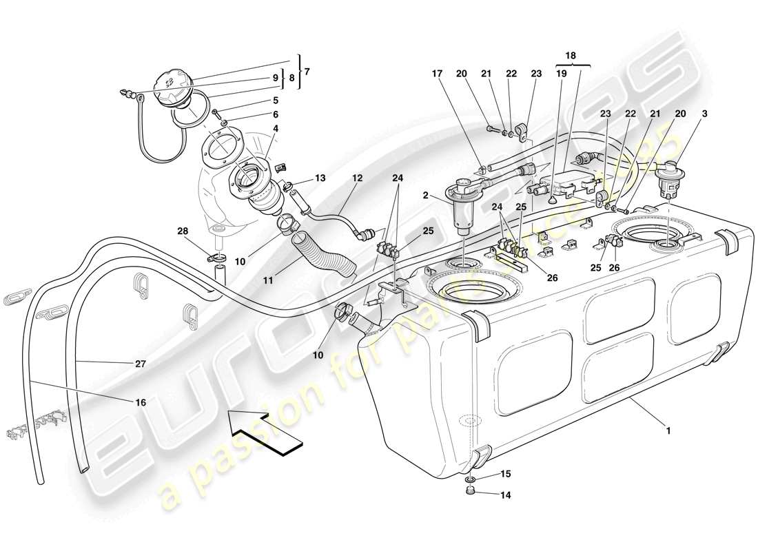 ferrari 612 sessanta (europe) fuel tank - filler neck and pipes parts diagram